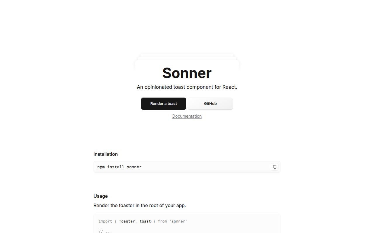 Screenshot of sonner documentation