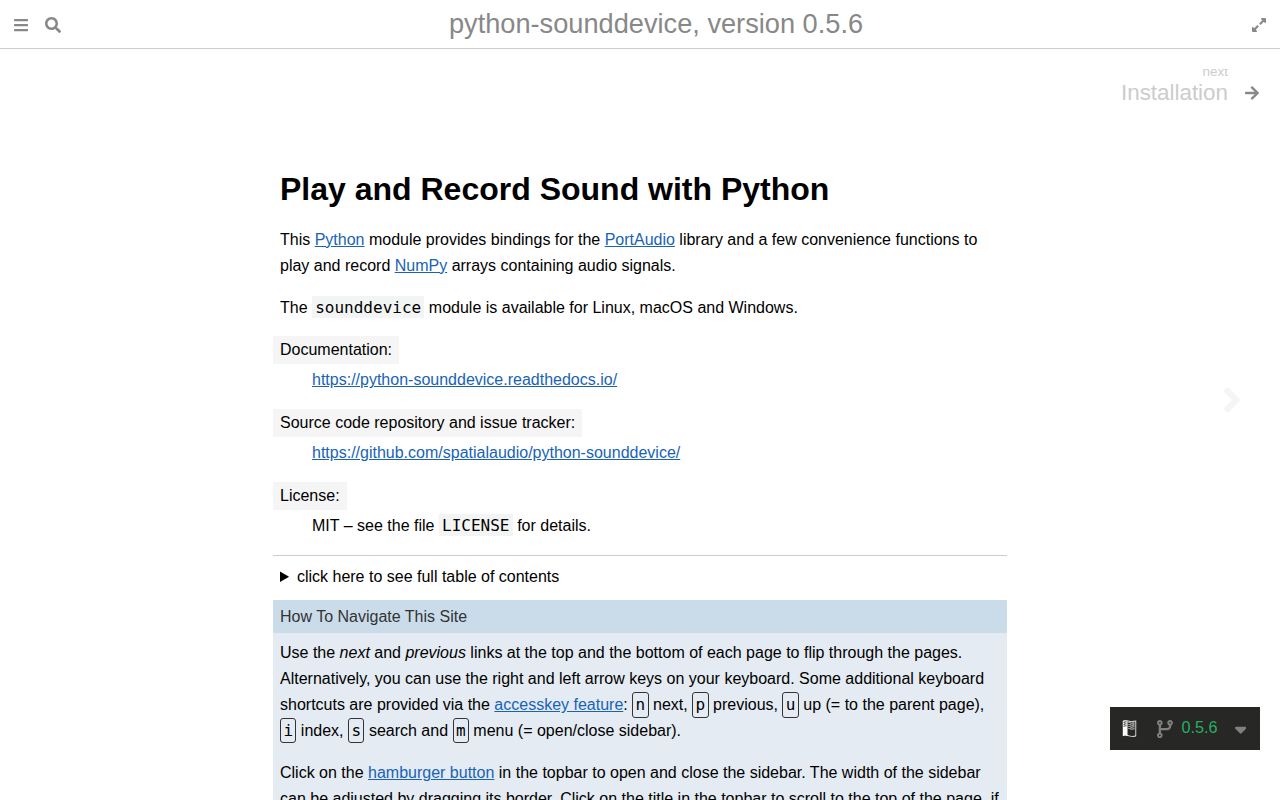 Screenshot of sounddevice documentation