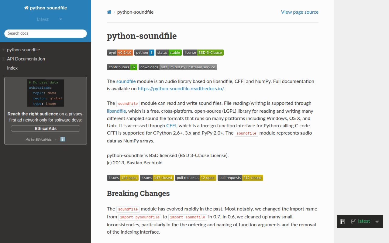 Screenshot of soundfile documentation