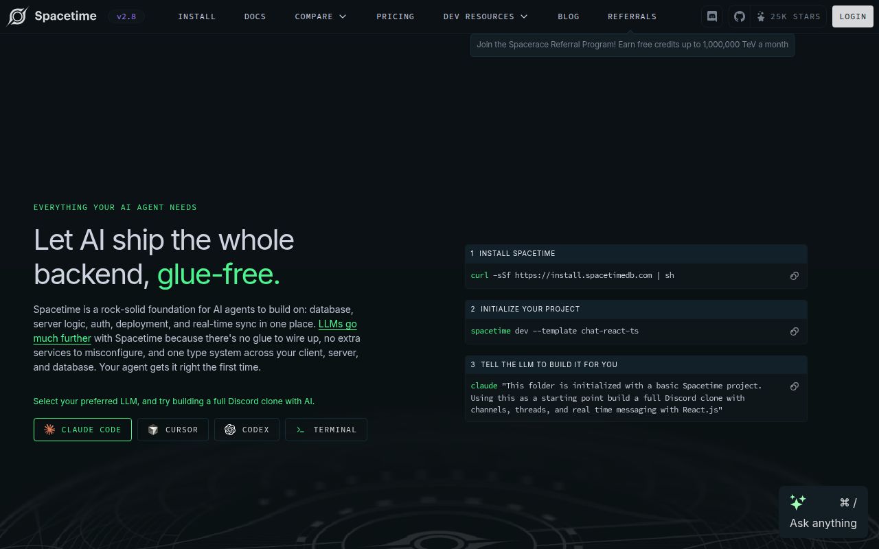 Screenshot of SpacetimeDB (spacetimedb.com)