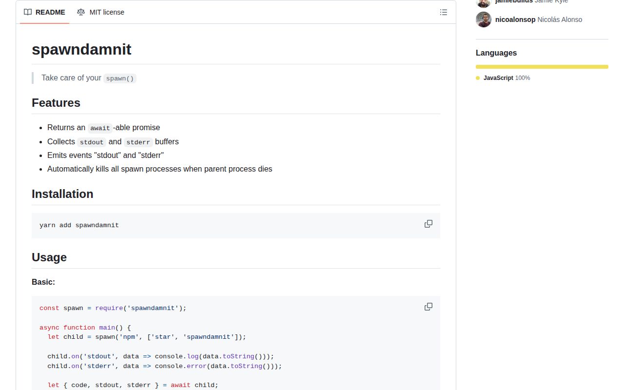 Screenshot of spawndamnit documentation