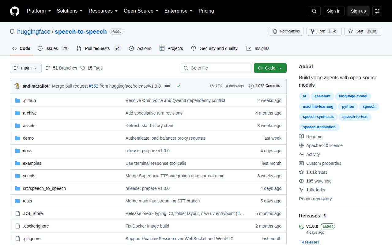 Screenshot of speech-to-speech (github.com/huggingface/speech-to-speech)