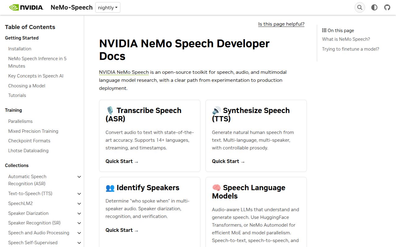 Screenshot of Speech (docs.nvidia.com/nemo/speech/nightly/index.html)