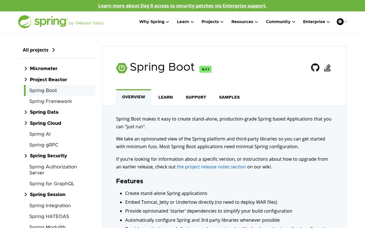 Screenshot of spring-boot (spring.io/projects/spring-boot)