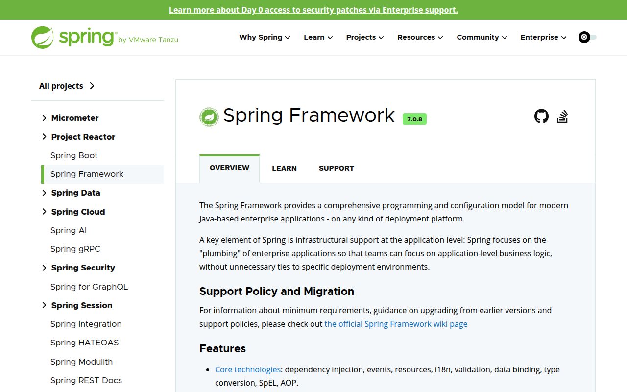 Screenshot of spring-framework (spring.io/projects/spring-framework)