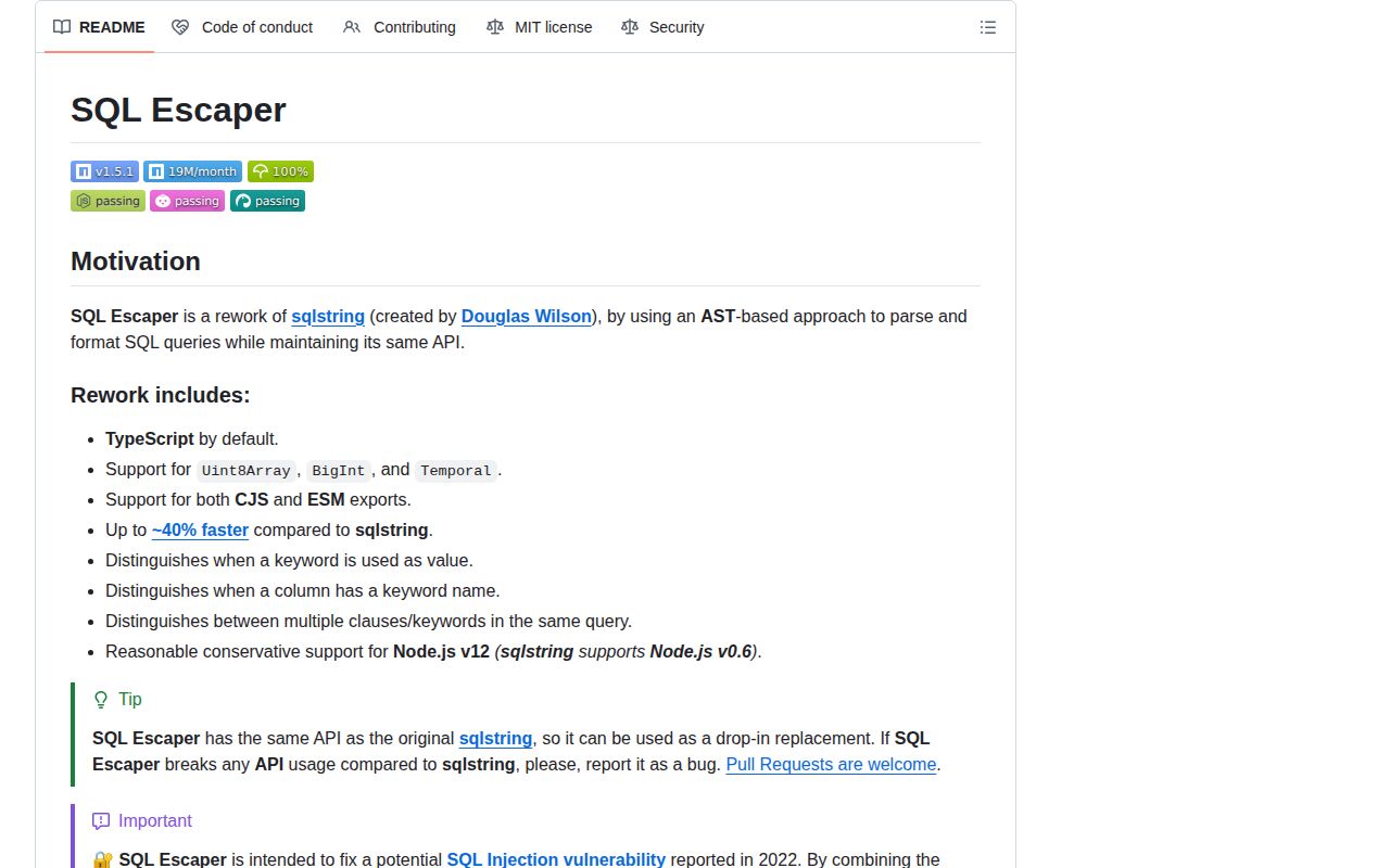 Screenshot of sql-escaper documentation