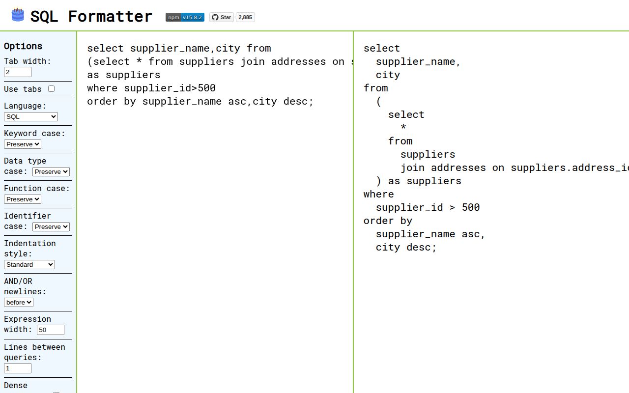 Screenshot of sql-formatter documentation