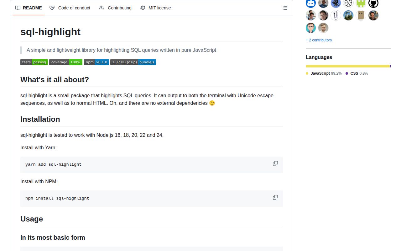 Screenshot of sql-highlight documentation
