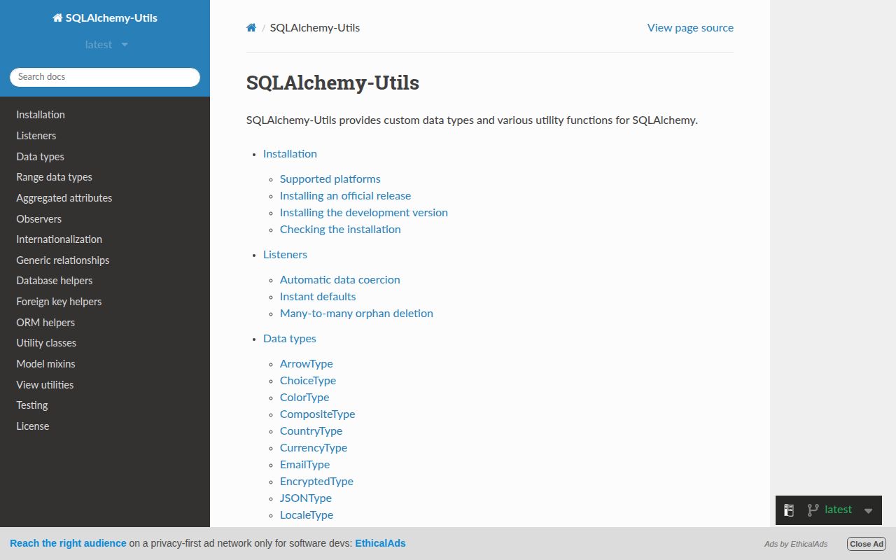 Screenshot of sqlalchemy-utils documentation