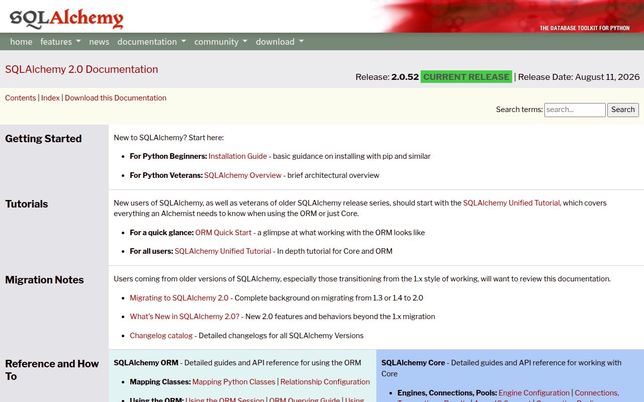 Screenshot of sqlalchemy documentation