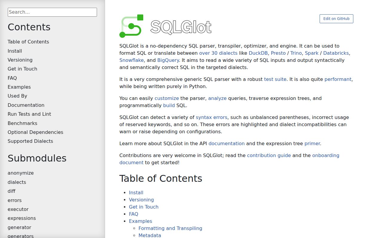 Screenshot of sqlglot documentation