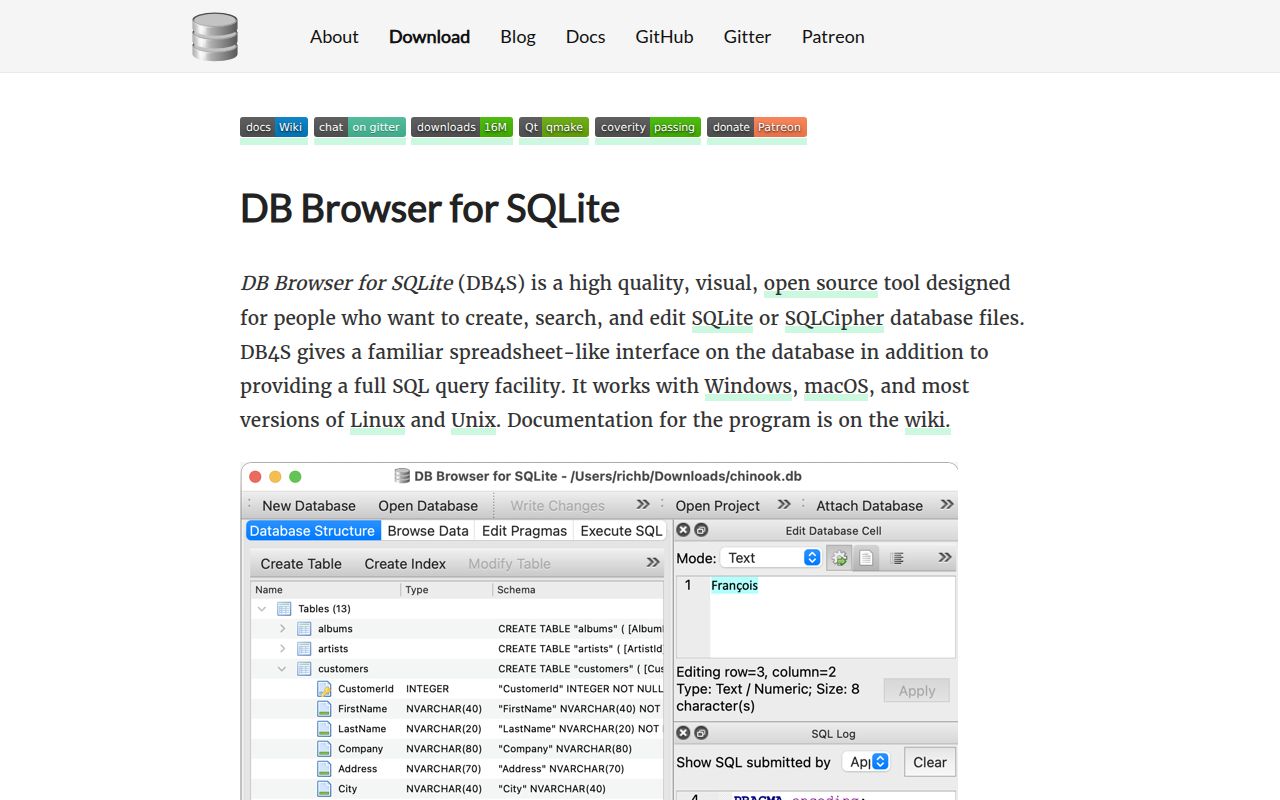 Screenshot of sqlitebrowser (sqlitebrowser.org)