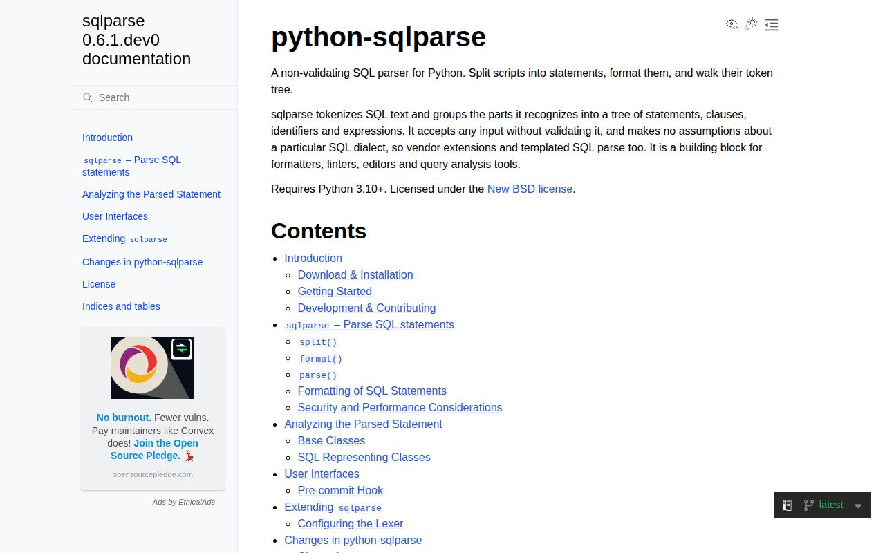 Screenshot of sqlparse documentation