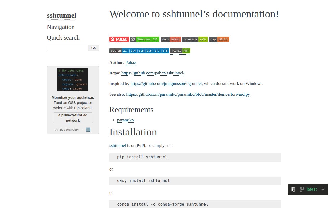 Screenshot of sshtunnel documentation