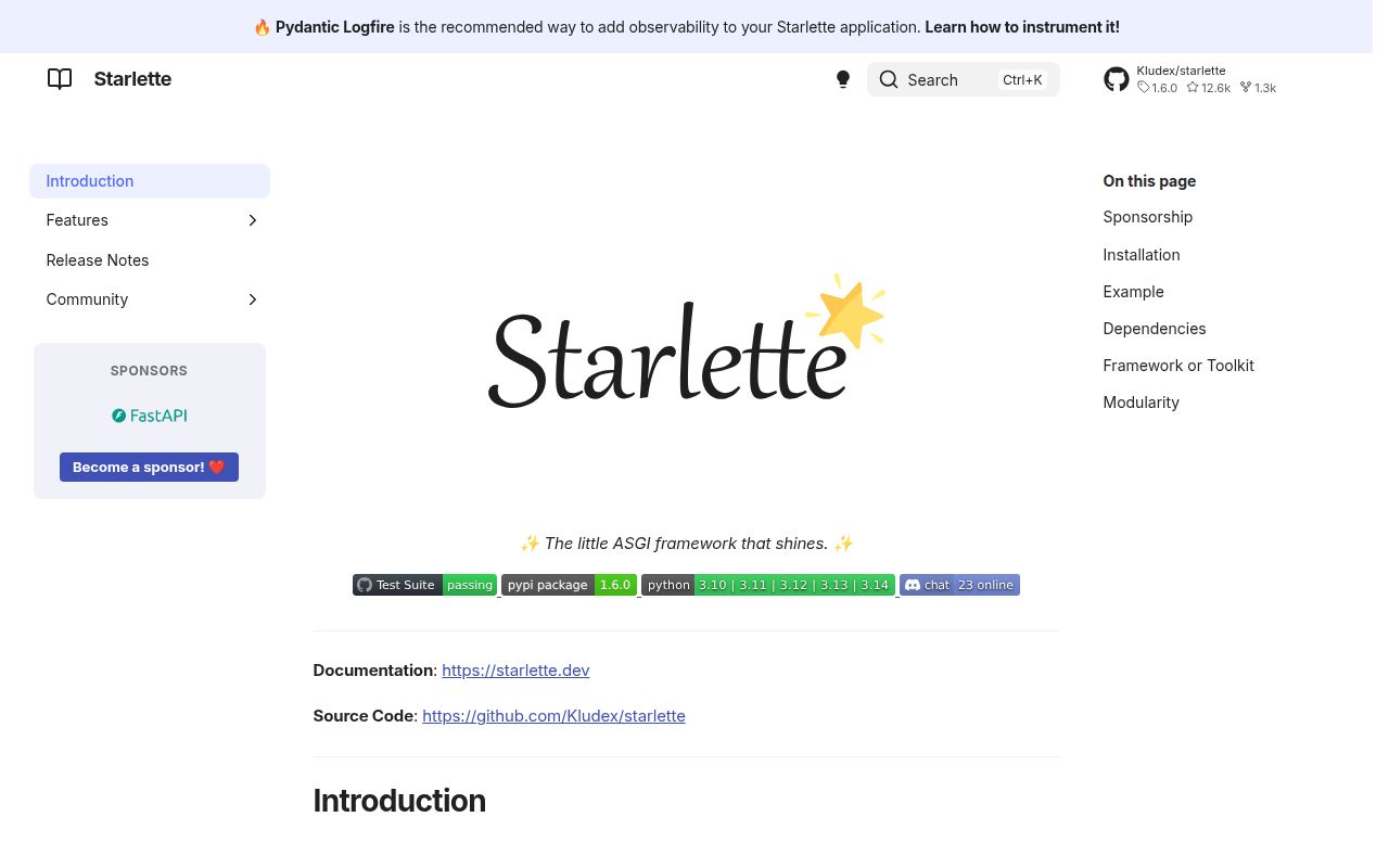 Screenshot of starlette documentation