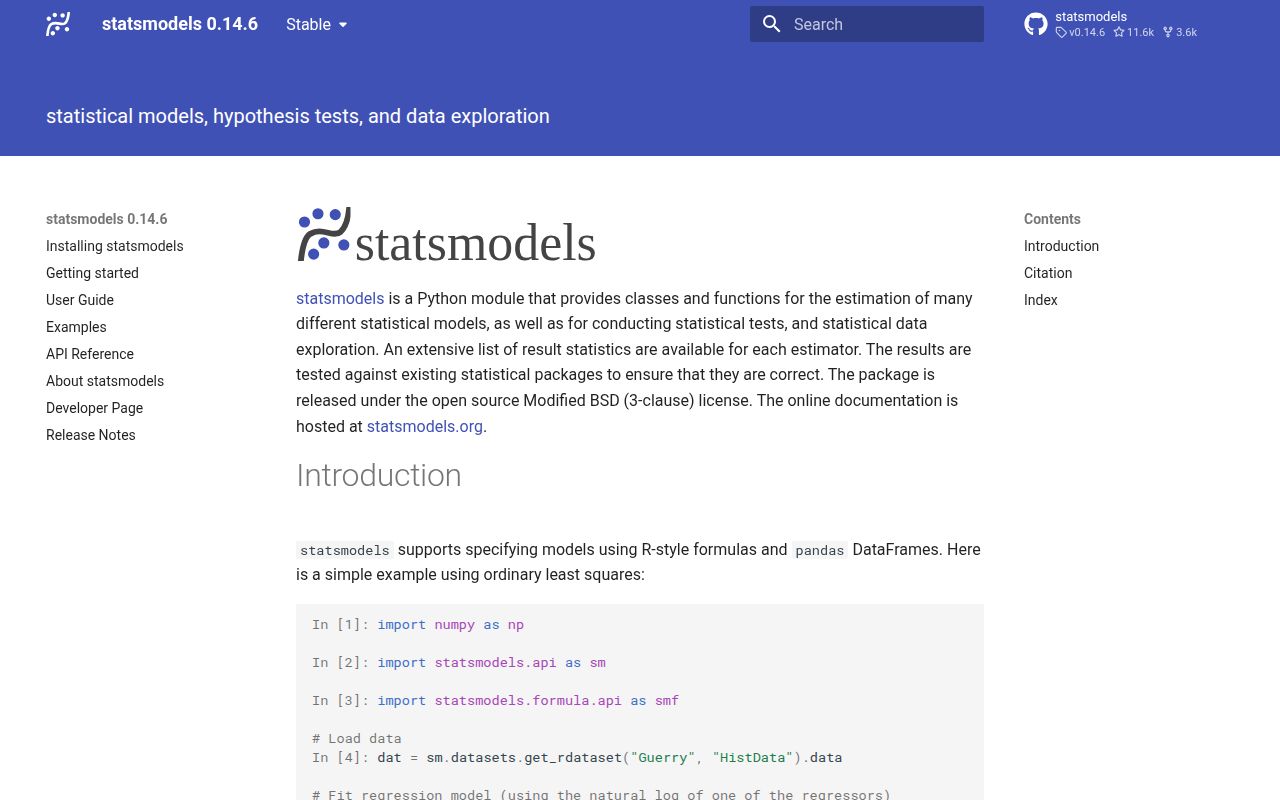 Screenshot of statsmodels documentation