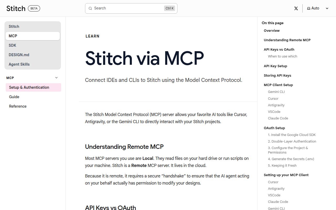 Screenshot of stitch-skills (stitch.withgoogle.com/docs/mcp/setup)