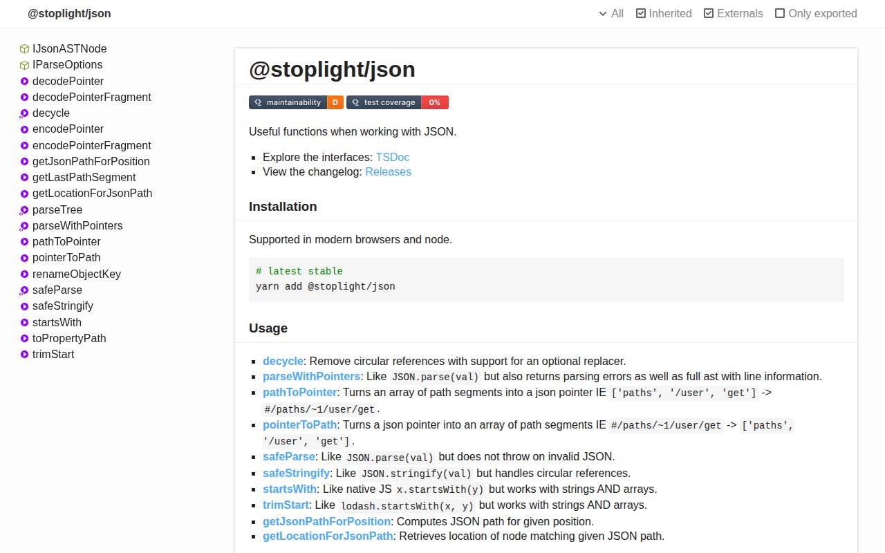Screenshot of @stoplight/json documentation