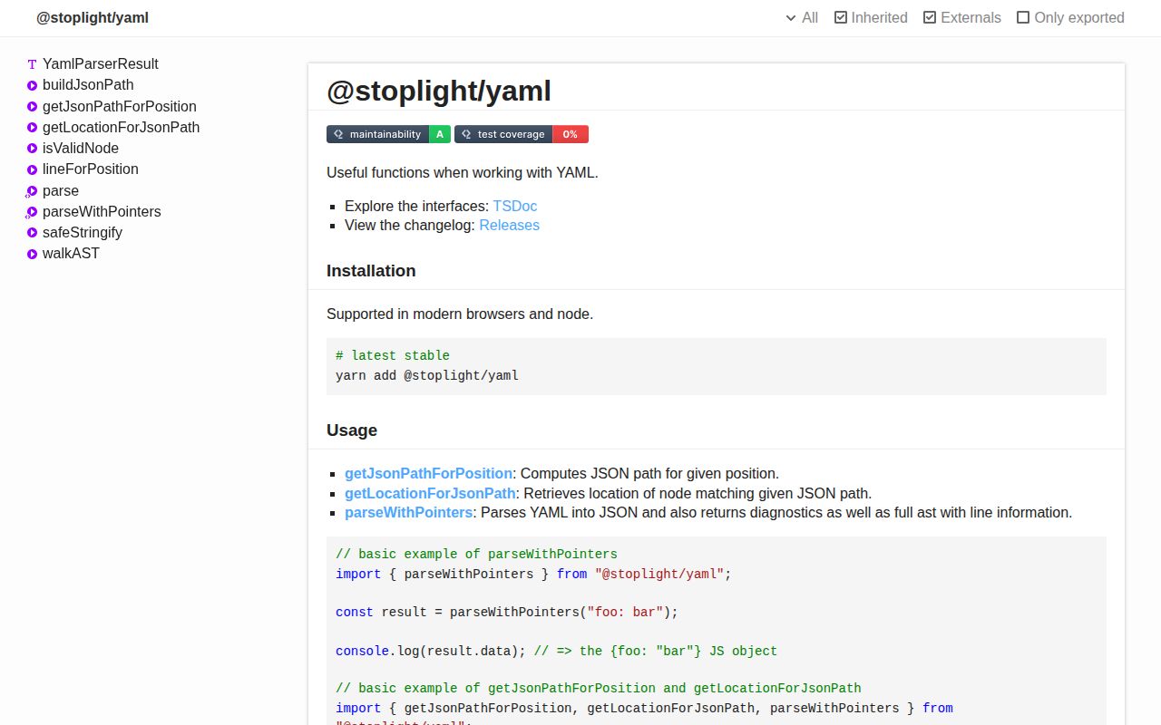 Screenshot of @stoplight/yaml documentation