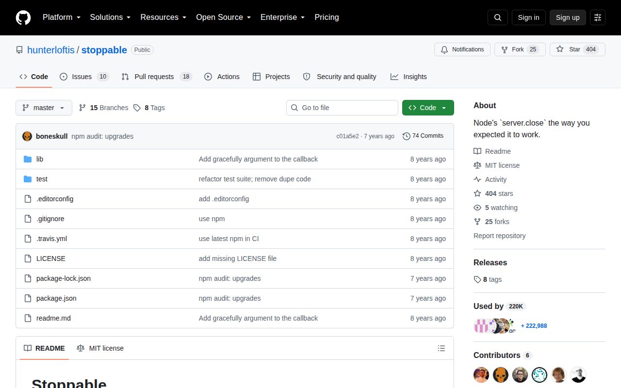 Screenshot of stoppable documentation