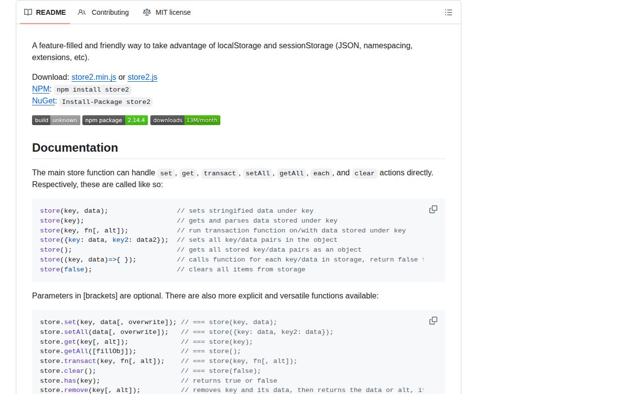 Screenshot of store2 documentation