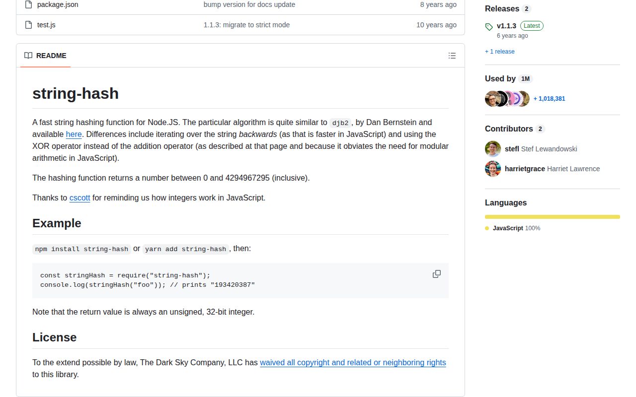 Screenshot of string-hash documentation
