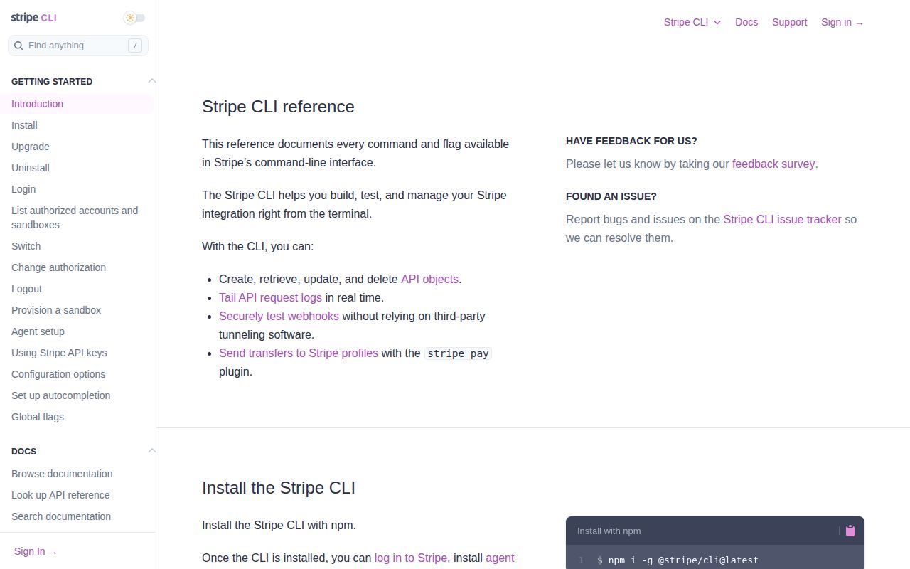 Screenshot of stripe-cli (docs.stripe.com/cli)