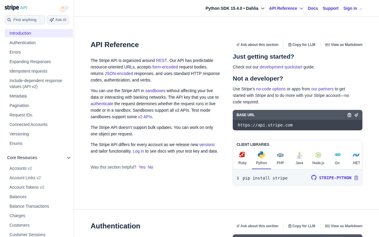 Screenshot of stripe documentation