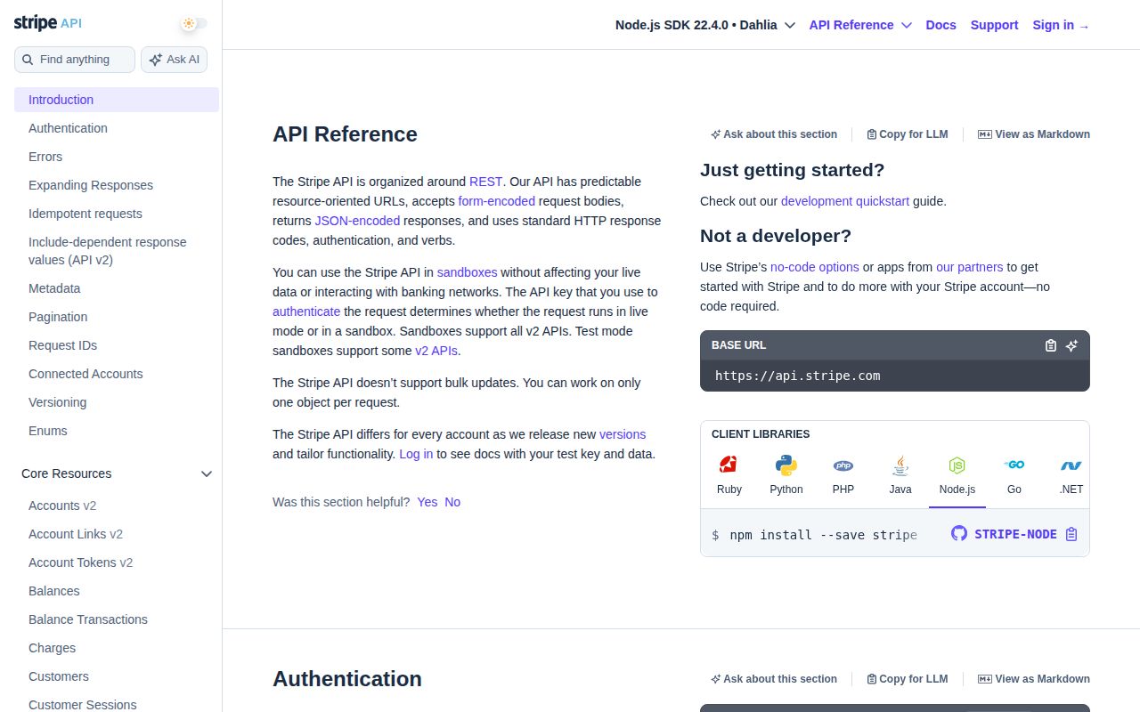 Screenshot of stripe documentation
