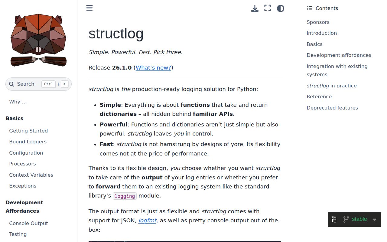 Screenshot of structlog documentation