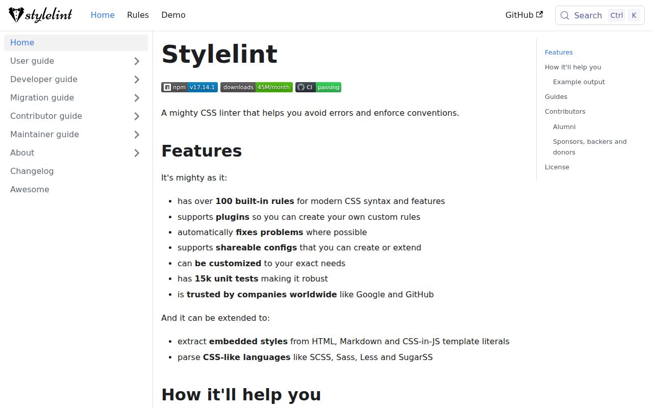 Screenshot of stylelint documentation
