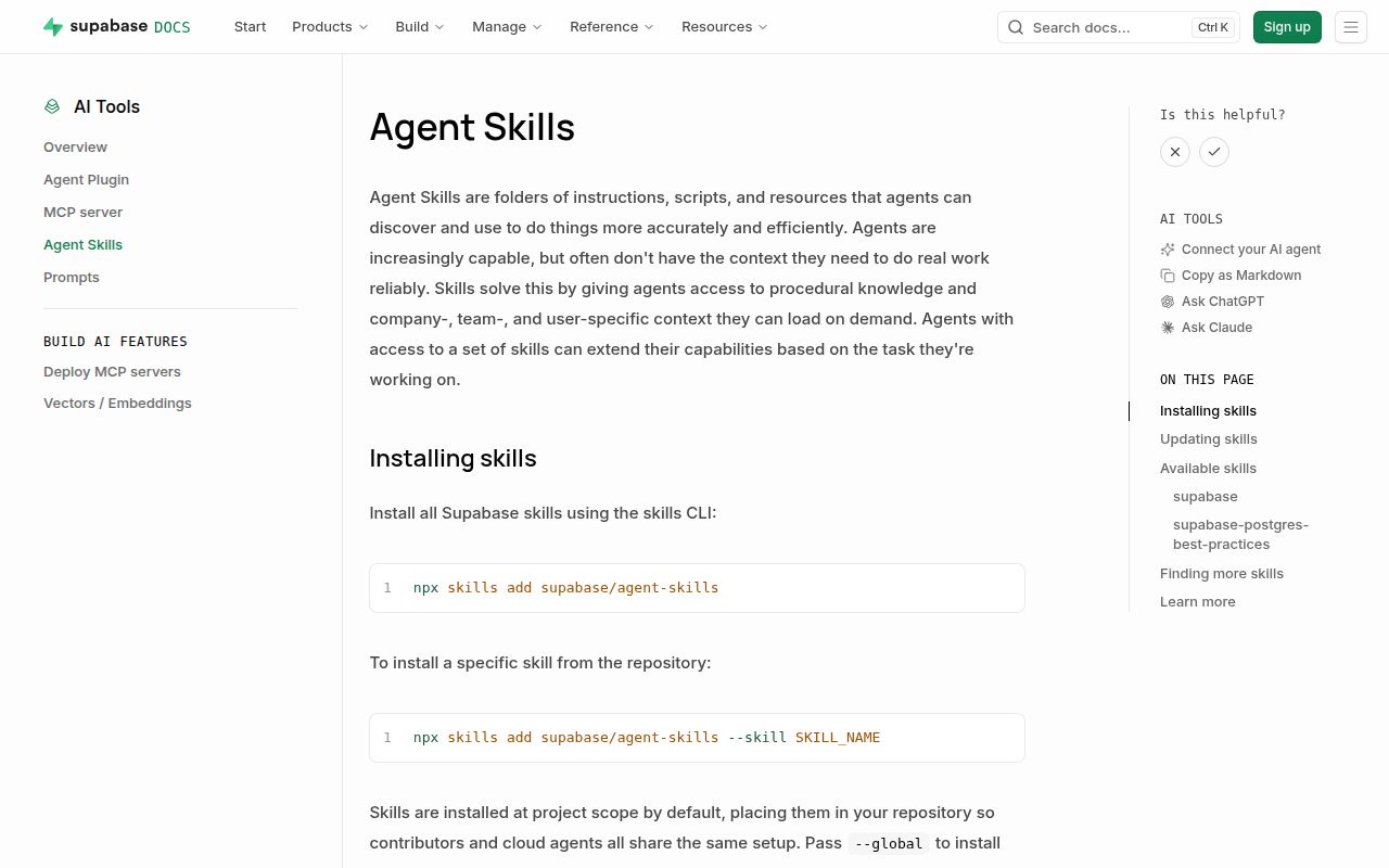Screenshot of agent-skills (supabase.com/docs/guides/getting-started/ai-skills)
