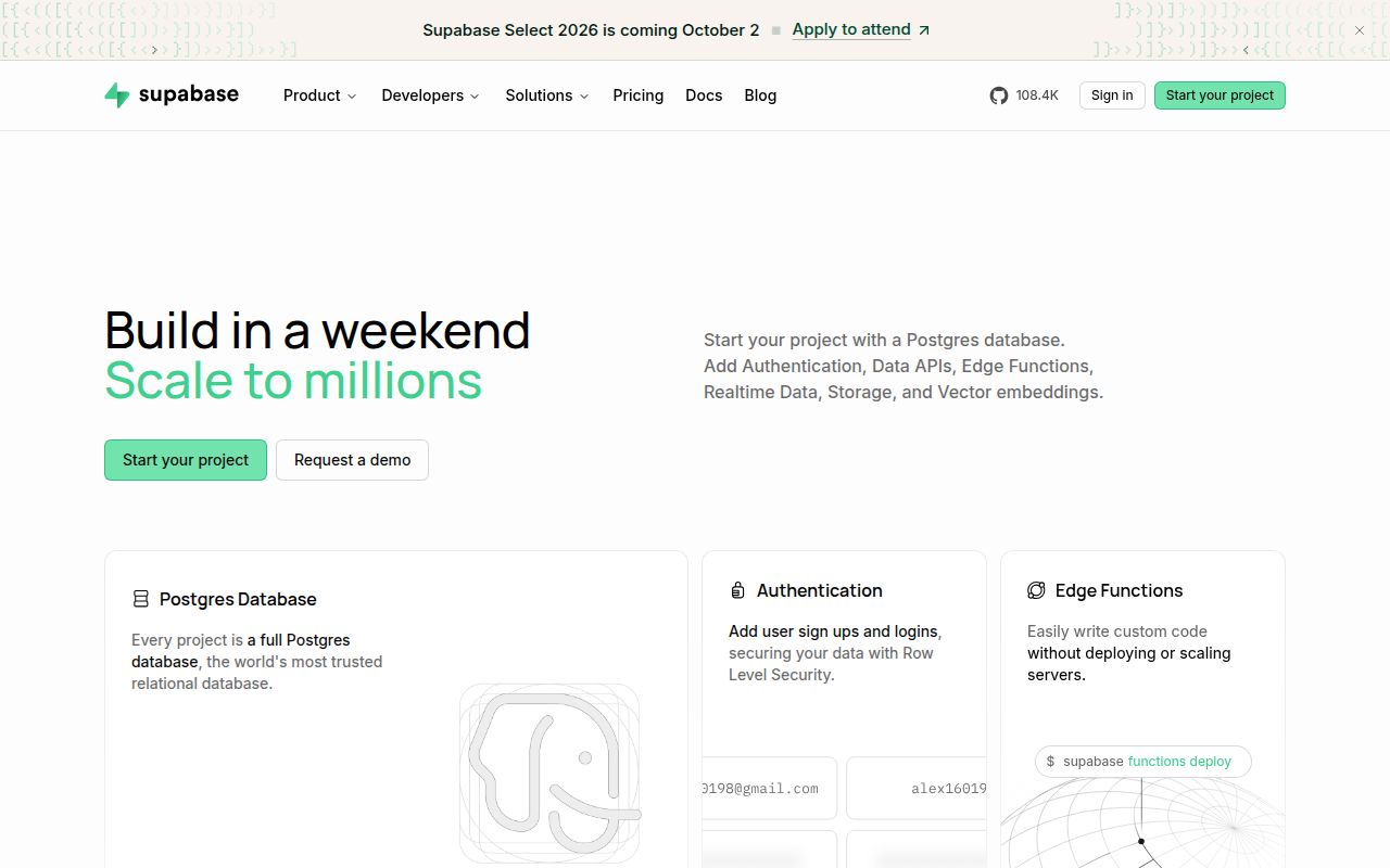 Screenshot of supabase (supabase.com)