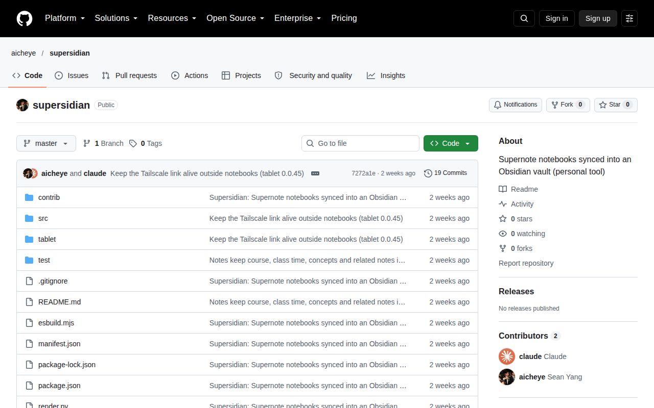Screenshot of supersidian (github.com/aicheye/supersidian)