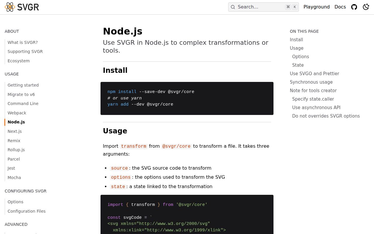 Screenshot of @svgr/core documentation