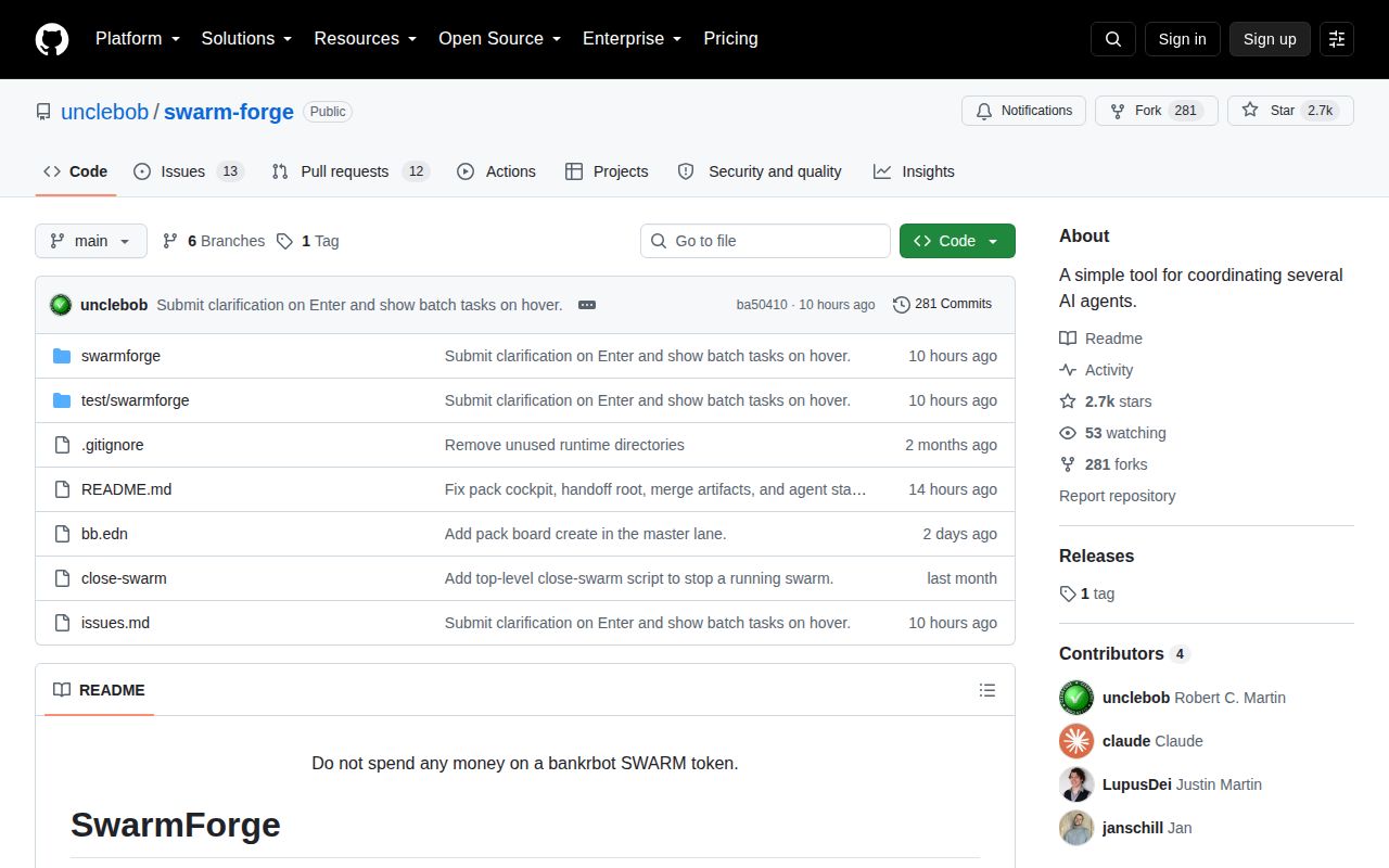 Screenshot of swarm-forge (github.com/unclebob/swarm-forge)