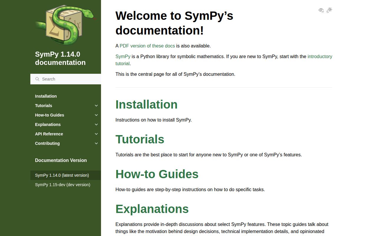 Screenshot of sympy documentation