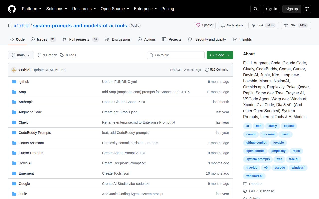 Screenshot of system-prompts-and-models-of-ai-tools (github.com/x1xhlol/system-prompts-and-models-of-ai-tools)