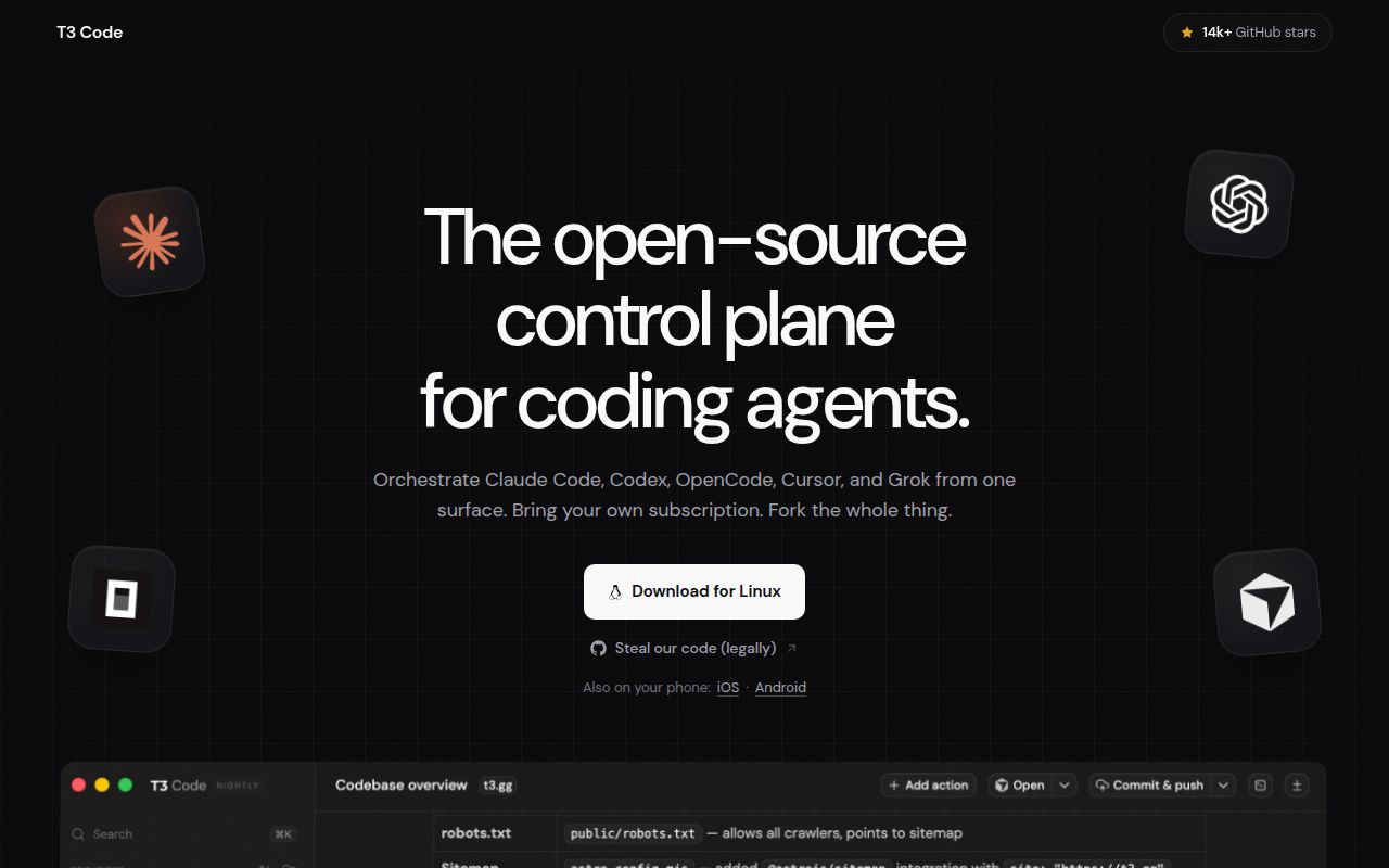 Screenshot of t3code (t3.codes)