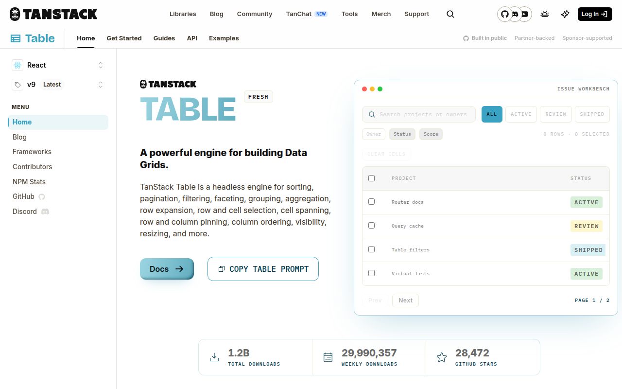 Screenshot of table (tanstack.com/table)