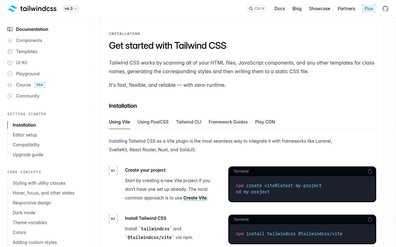 Screenshot of tailwindcss documentation