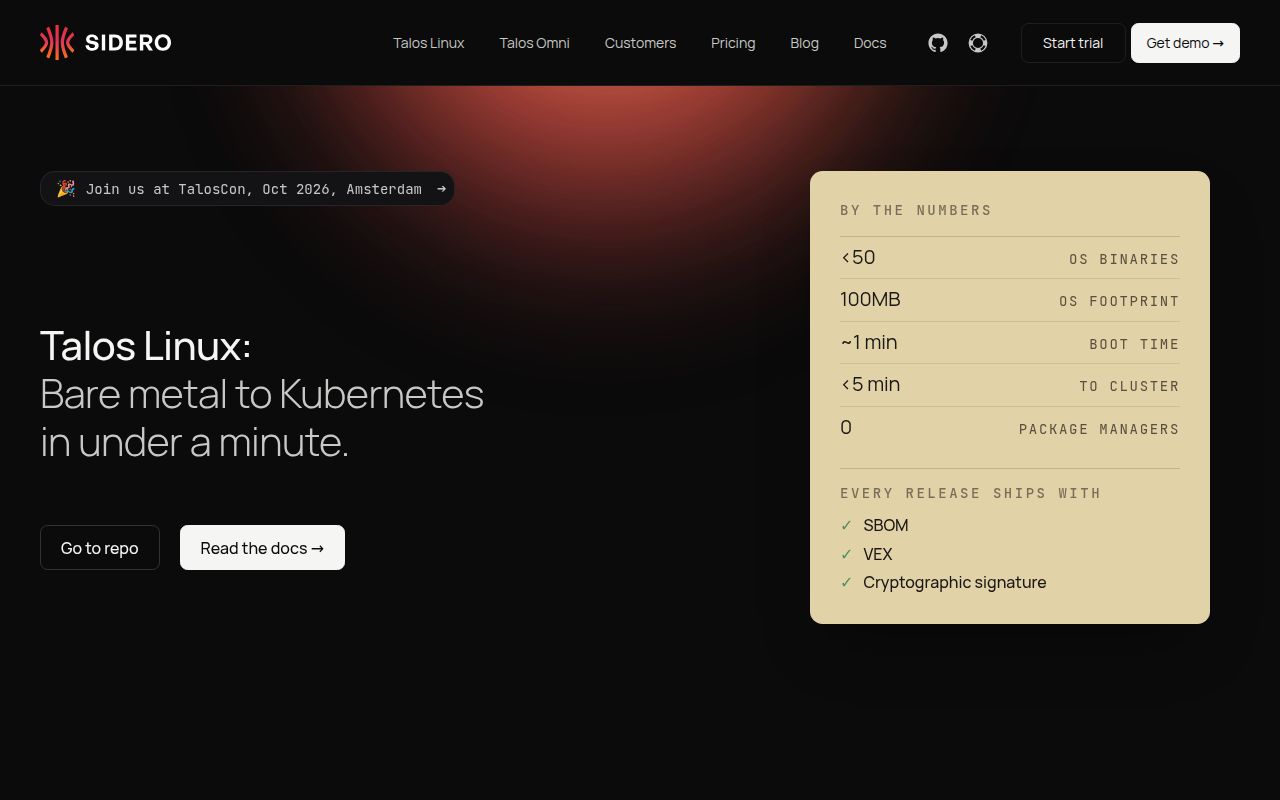 Screenshot of talos (siderolabs.com/talos-linux)