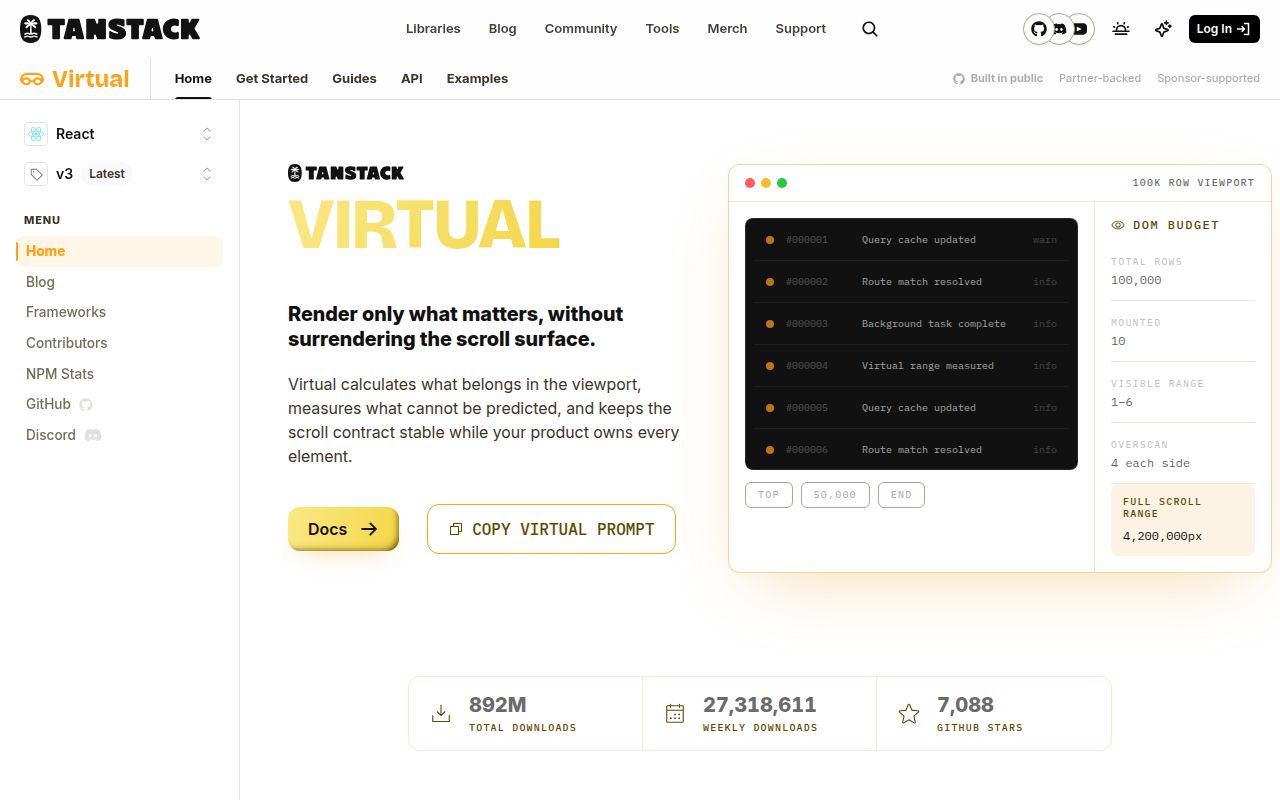 Screenshot of @tanstack/react-virtual documentation