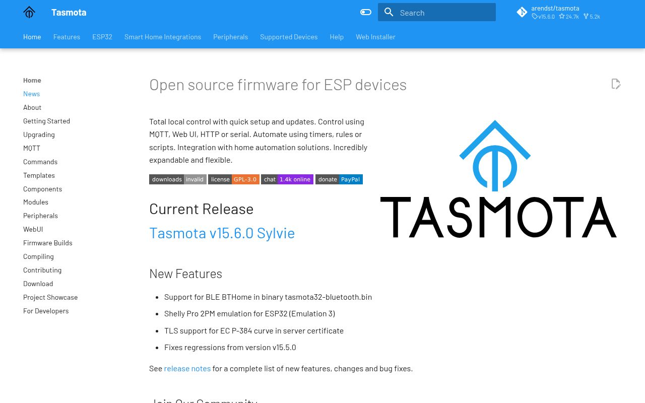 Screenshot of Tasmota (tasmota.github.io/docs)