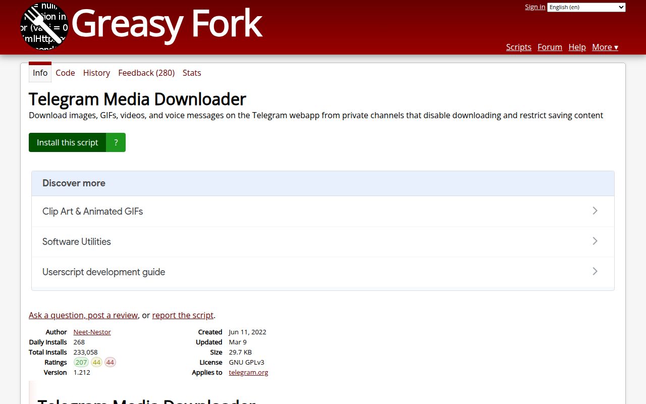 Screenshot of Telegram-Media-Downloader (greasyfork.org/scripts/446342-telegram-media-downloader)