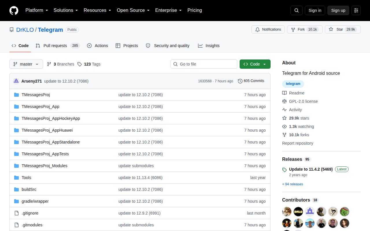 Screenshot of Telegram (github.com/DrKLO/Telegram)
