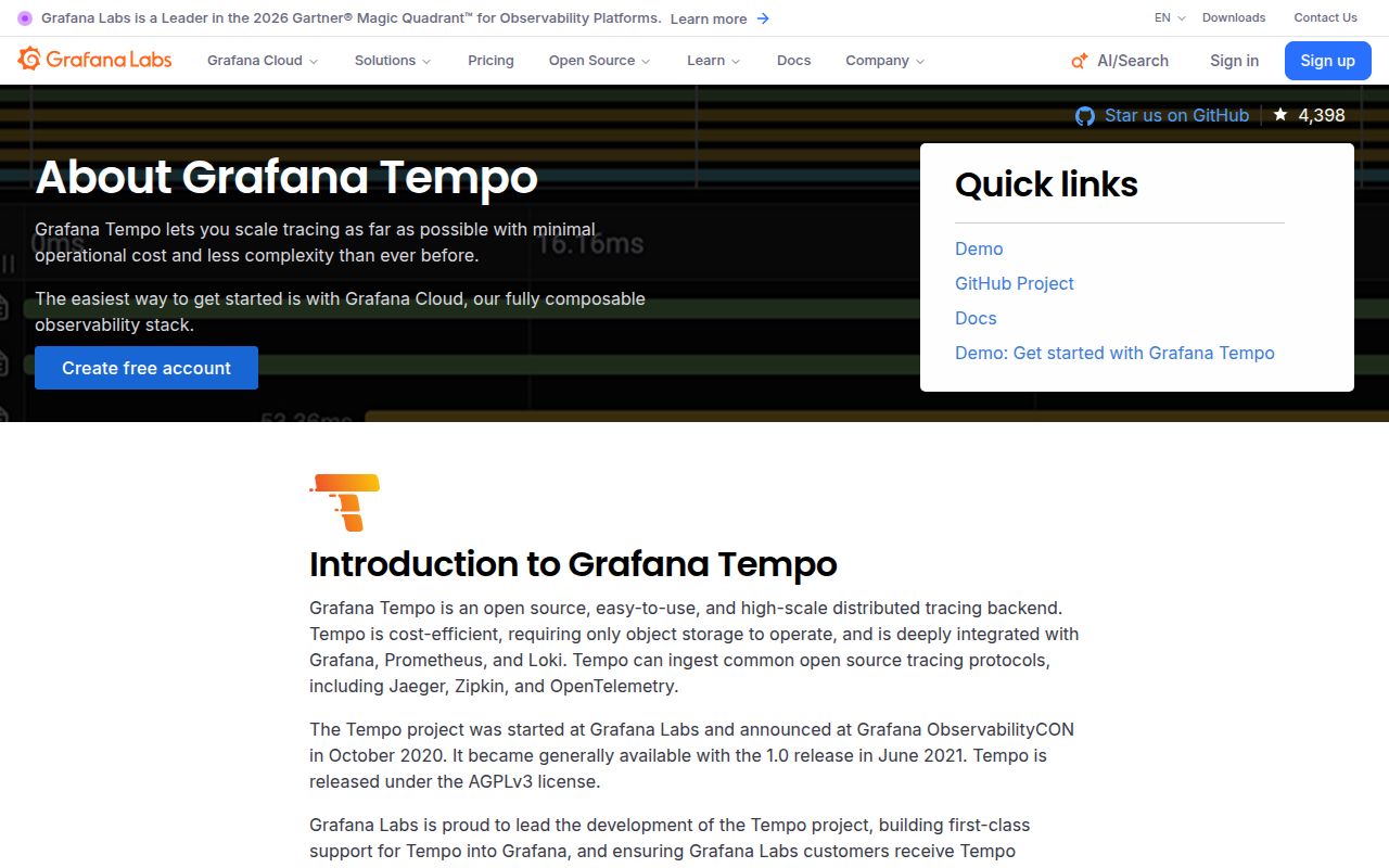 Screenshot of tempo (grafana.com/oss/tempo)