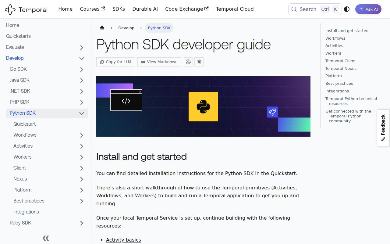 Screenshot of temporalio documentation
