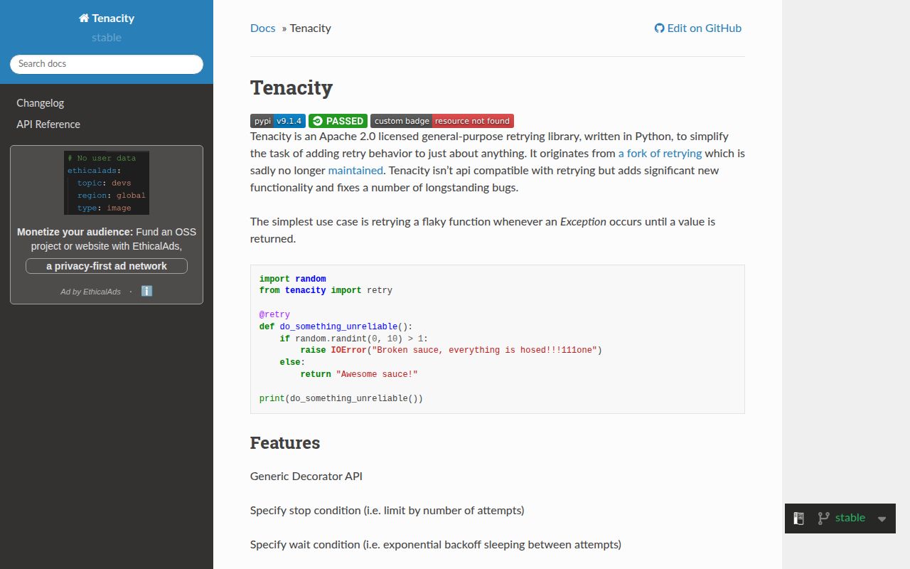 Screenshot of tenacity documentation