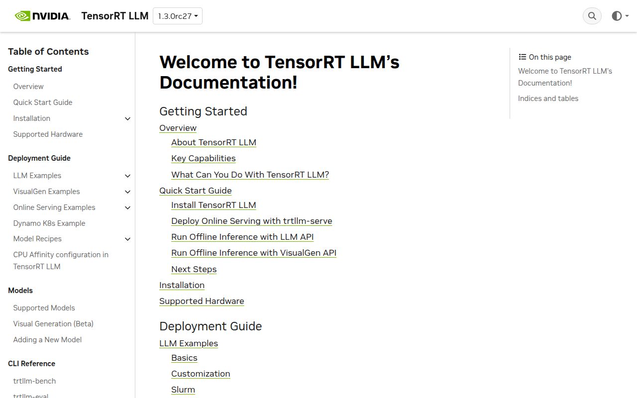 Screenshot of TensorRT-LLM (nvidia.github.io/TensorRT-LLM)